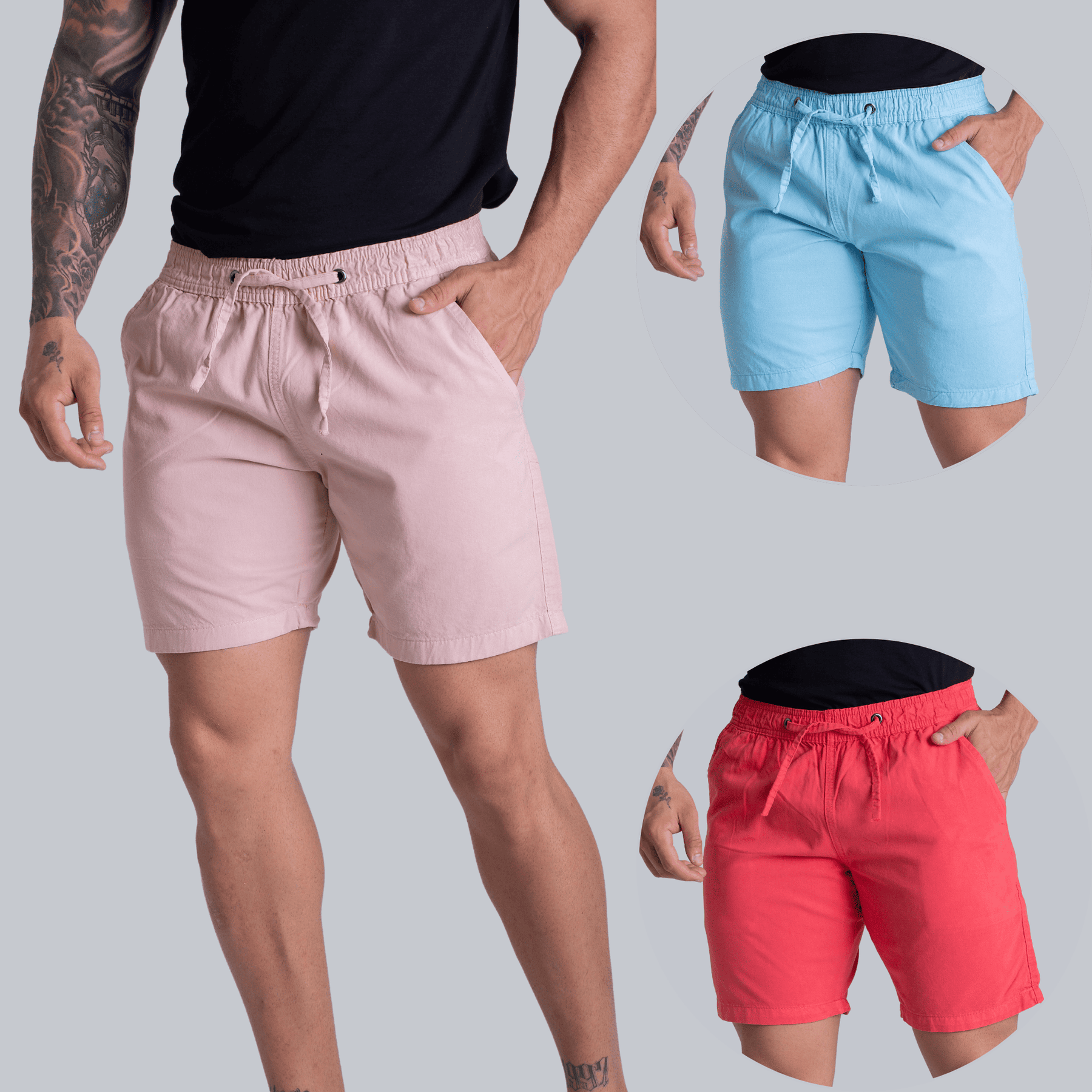 Kit 3 Short Mauricinho Sarja Brim Bermuda Masculina Colorida