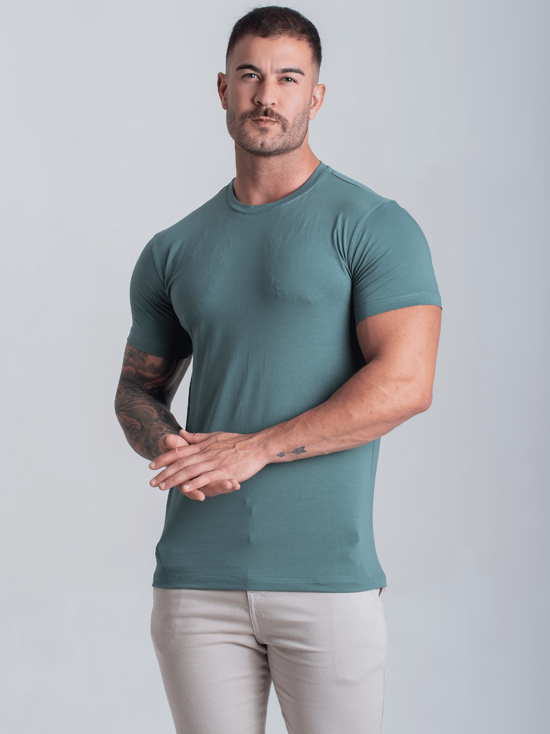 Camiseta Masculina C/ Elastano Verde Algodão Camisa Fio Egípcio