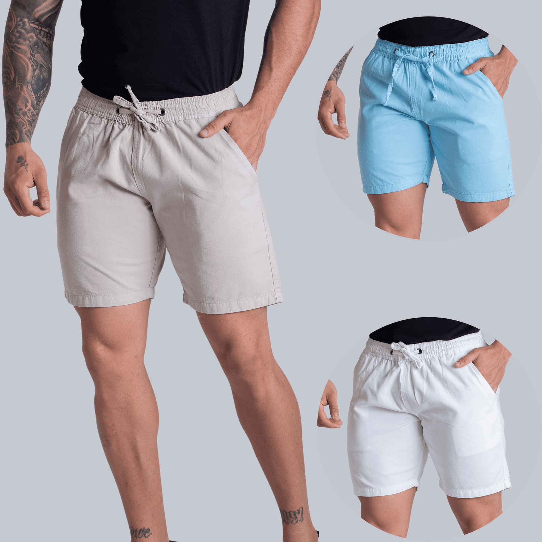 Kit 3 Short Mauricinho Sarja Brim Bermuda Masculina Colorida